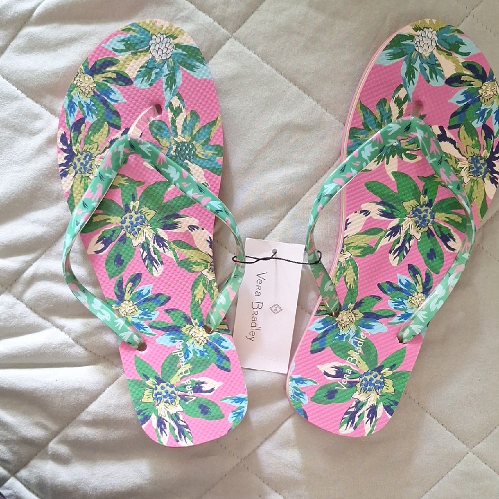 Vera Bradley Pink and Green Floral Flip Flops